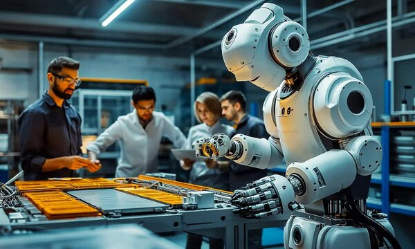 Engineers working on robot programming in lab.
