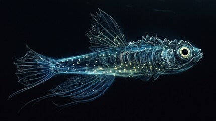 Fototapeta premium Glowing Lanternfish Swimming in the Dark Ocean Depths