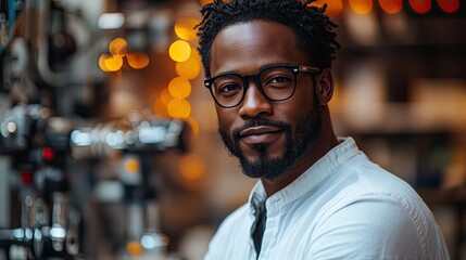 A portrait of an African American robotics engineer, showcasing the diversity and human element within advanced technology fields.