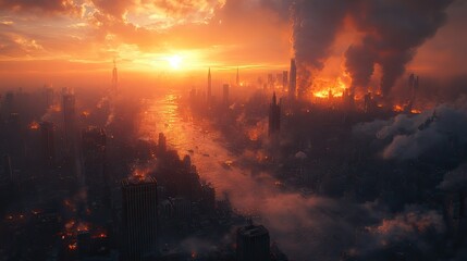 A post-apocalyptic cityscape stretches under a smoky sky, illustrating the future consequences of environmental neglect.