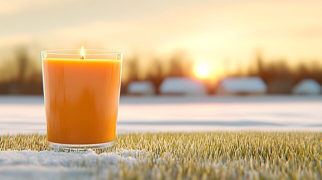 A candle sits in the snow, glowing warmly against a serene sunset, creating a peaceful and cozy atmosphere.