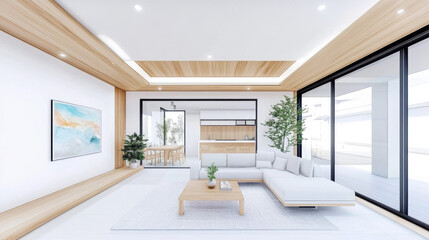 Modern living room with a white sectional sofa, a coffee table, and a large window.