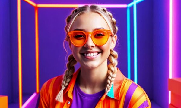 a beautiful woman with braided hair wearing orage glasses and a shirt smiles on a beautiful neon bpx strip background