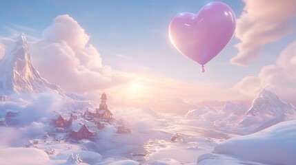 Obraz premium A whimsical scene featuring a pink heart balloon floating over a serene snowy landscape at sunrise, creating a dreamy atmosphere.