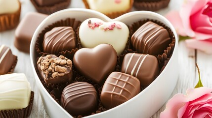 A heart-shaped box filled with assorted chocolates, including dark, milk, and white varieties, surrounded by pink roses, ideal for gifting on special occasions.