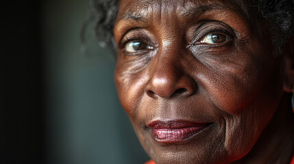 closeup portrait of a pensive black woman with wrinkles and deep eyes looking away