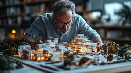 A professional engineer reviewing building models on digital devices, utilizing technology for architectural planning and design.