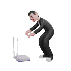 Male Editor Publishing Professional. A male editor is standing squatting in front of the router. 3D Cartoon
