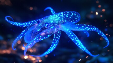 Obraz premium Blue Bioluminescent Squid Illuminates the Deep Sea