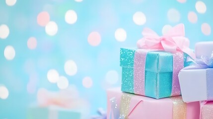 Fototapeta premium Colorful wrapped gifts on a sparkling background, perfect for celebrations and special occasions.