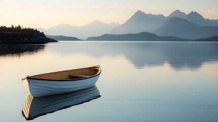 A small boat floating on a calm lake with mountains in the distance