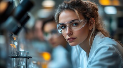 A research team collaborating on industry design, blending diverse expertise with technology in a business and laboratory setting.