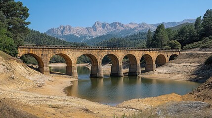 Fototapeta premium A reservoir bridge arches over shrinking waters, highlighting the effects of drought and receding water levels.