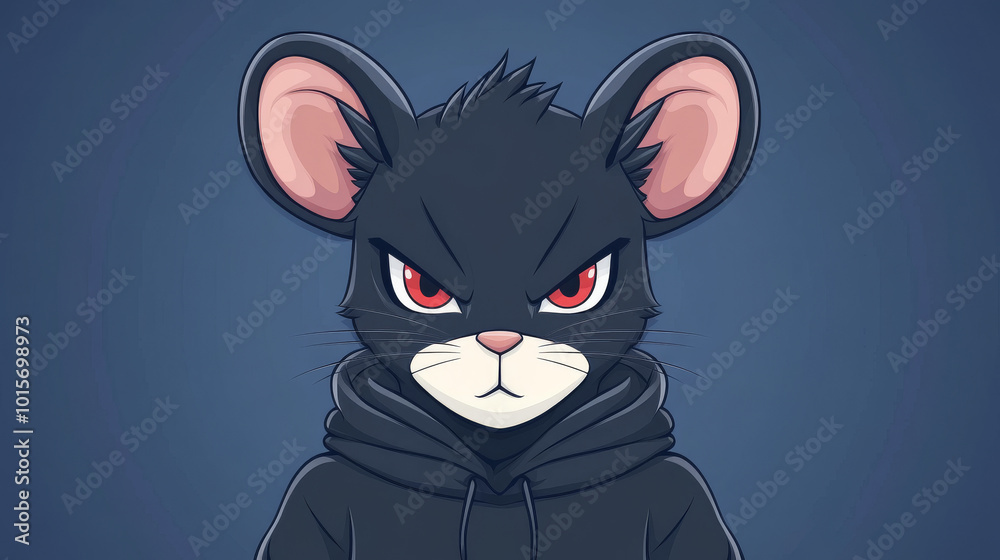 Sticker A cartoon mouse with red eyes stares intently at the viewer, sporting a black hoodie.