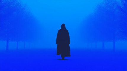 A mysterious figure in a long coat walks through a foggy forest, the blue hues creating a sense of mystery.