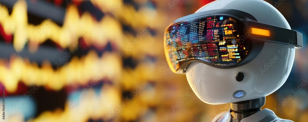 Poster A futuristic robot wearing virtual reality glasses, showcasing advanced technology with data visuals in the background.