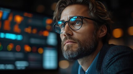 Obraz premium A scene of a trader managing risk with digital tools, reviewing market reports and data on a tablet in a business setting.