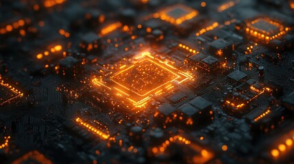 3D Glowing abstract circuit board with pulsing light effects