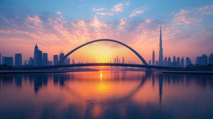 A modern arch bridge over a calm body of water with a cityscape and a sunrise in the background.
