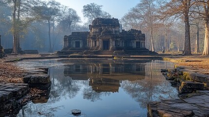 A scenic view of a water body encircling an ancient temple, surrounded by lifeless trees.