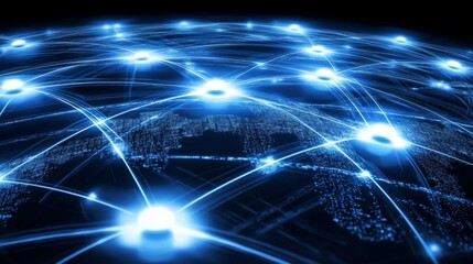 Obraz premium Global Network of Interconnected Bright Lights on a Digital World Map