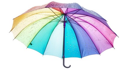 Vibrant rainbow-colored umbrella covered in water droplets, isolated on a white background. The fresh, wet look captures the essence of rain, ideal for weather or rainy day concepts.
