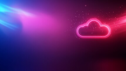 A neon cloud icon shines in red and blue hues, surrounded by digital particles and binary codes, showcasing futuristic cloud computing amidst a dark background