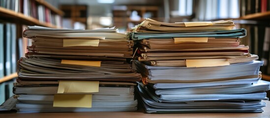 Fototapeta premium A close-up view of two large stacks of papers with yellow sticky notes on them. The papers are stacked neatly on a wooden table with a blurry bookshelf in the background.