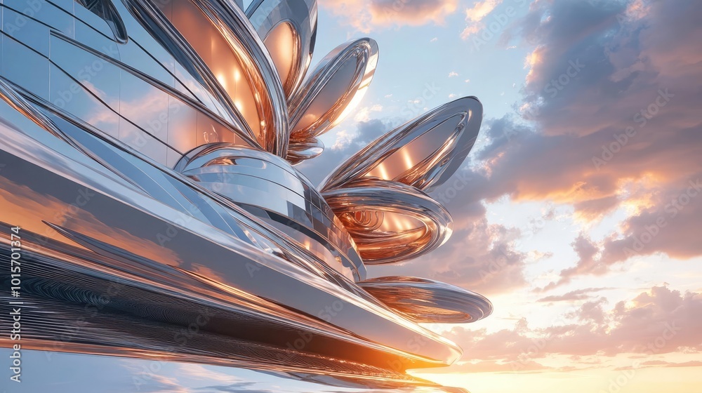Poster futuristic metallic structure with sleek forms reflecting light against a vibrant sky, showcasing mo