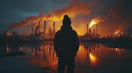 A silhouetted figure stands against the backdrop of oil and gas industries, symbolizing the impact of climate change.