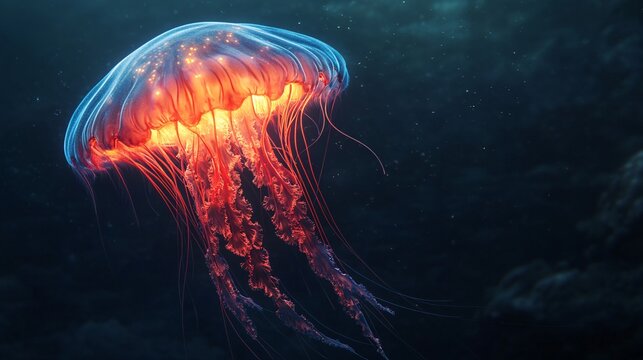 Glowing Atolla Jellyfish Pulsating in Dark Water
