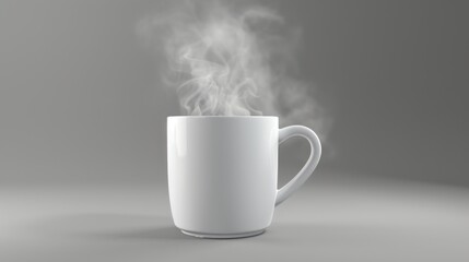 A white ceramic mug filled with hot liquid, releasing visible steam against a plain background. The minimalistic design and neutral tones highlight the warmth and coziness associated with a hot