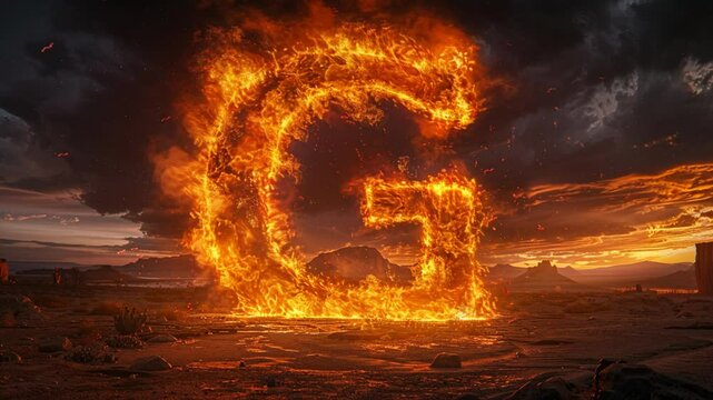 Animated Flaming letter 'G' in the middle of a desert at sunset 