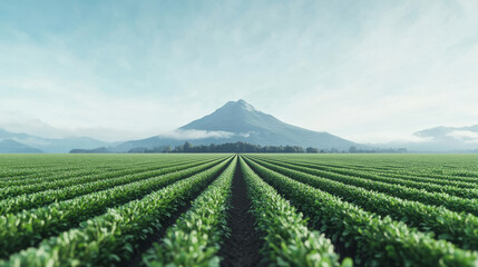 A wide shot of a green field with rows of crops, framed by a towering mountain in the distance.