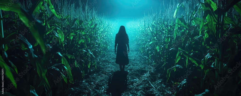 Poster a mysterious figure walks through a shadowy cornfield, illuminated by an eerie blue light, creating 