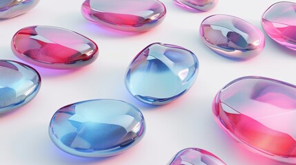 A collection of smooth glass stones in vibrant pink and blue hues displayed against a clean white background. The polished, reflective surface and gradient tones create a modern, futuristic atmosphere