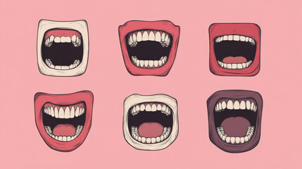 A set of six open mouths with a variety of lip colors, showing different perspectives of the teeth and tongue.