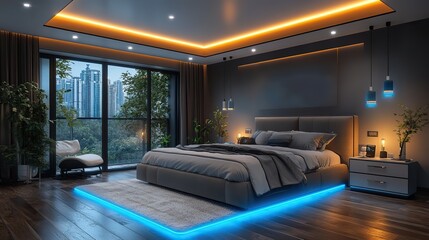 Fototapeta premium A smart bedroom interior equipped with technology, maintaining modern connectivity.