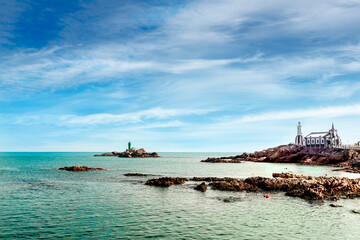 Jukseong-ri, Gijang-gun, Busan, Korea - January 4, 2019: Panoramic view of Jukseong Cathedral near the seashore of East Sea  