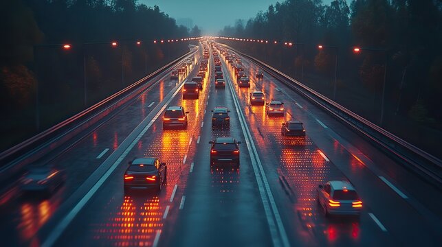 A smart transportation concept showing data technology on highways, integrating ITS and mobility as a service.