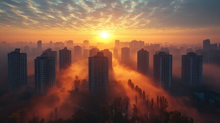 Fototapeta premium A smog-covered cityscape emerges at sunrise, highlighting the severe air quality problems in urban areas.