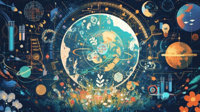 A vibrant collage of different scientific fields including biology, chemistry, physics, and astronomy represented by various icons and images