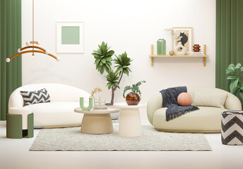 Japandi, minimalist interior design of modern living room with curved sofa. Memphis of luxury living room with stylish armchair, side table, plants and creative home accessories. 3d render
