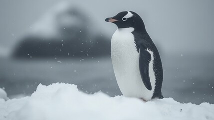 Obraz premium A solitary penguin stands in the Arctic, a symbol of the fragile ecosystem at risk.