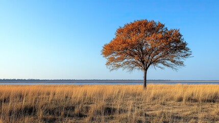 Fototapeta premium A solitary tree stands tall in the savannah plains, endangered by oil drilling companies encroaching on this natural paradise.