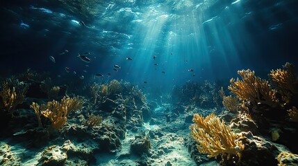 Fototapeta premium A sorrowful underwater scene shows a once-vibrant reef now lifeless, with fish swimming through the decaying staghorn coral structure, a reminder of marine ecosystem collapse.