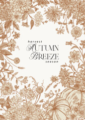 Vintage floral frame.  Autumn flowers.  Engraving style.