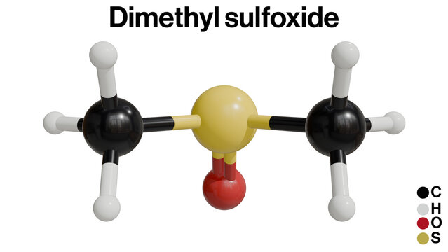 3D Illustration of Chemical Structure of Dimethyl Sulfoxide (DMSO) on White Background: A Detailed Representation of Molecular Arrangement