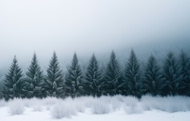 Obraz premium Misty Mountain Snow Covered Forest, Winter Holiday Nature Background, Snow Covered Natural Christmas Wallpaper, Rustic Business Backdrop Concept, Marketing Design with Copy Space for Text
