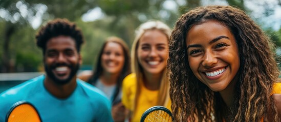 Obraz premium A group of friends smiling with their tennis rackets.
